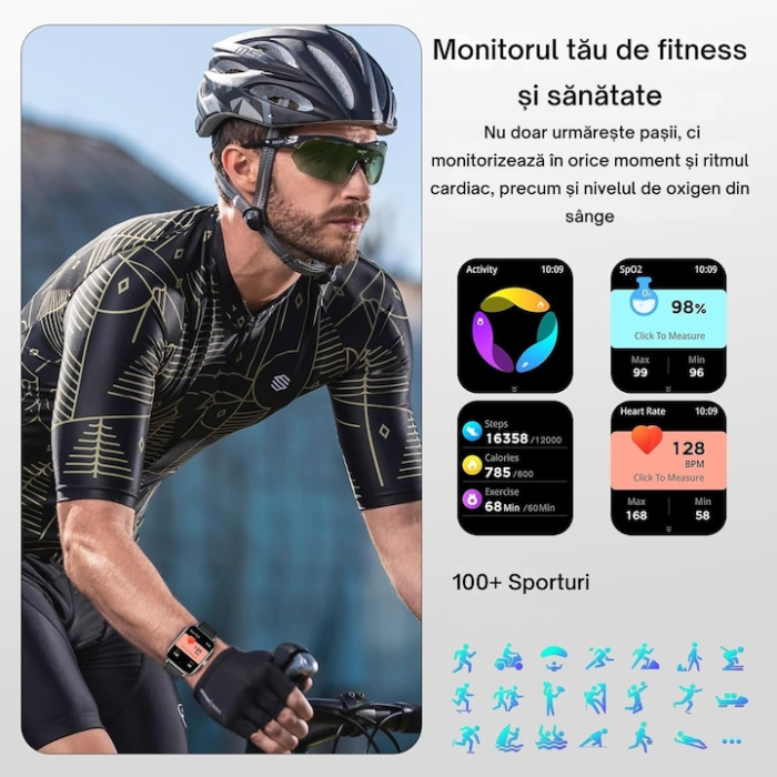 Ceas inteligent multifunctional VarioShop®, cu ecran tactil, monitorizare sanatate, 20 moduri sportive, notificari apeluri si mesaje, curea din silicon, unisex, autonomie 5-7 zile, gri [4]
