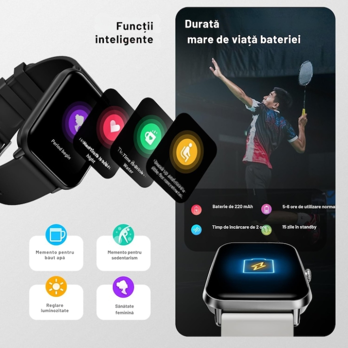 Ceas inteligent multifunctional VarioShop®, cu ecran tactil, monitorizare sanatate, 20 moduri sportive, notificari apeluri si mesaje, curea din silicon, unisex, autonomie 5-7 zile, gri [10]