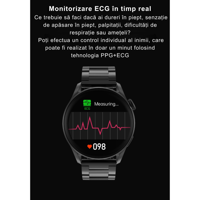 Ceas Smart VarioShop®, Bluetooth HD, ECG, Ritm Cardiac 24/7, Fitness Tracker Multi-Sport, Ecran 1.78″ 4D, Curea Metalica/Silicon [12]