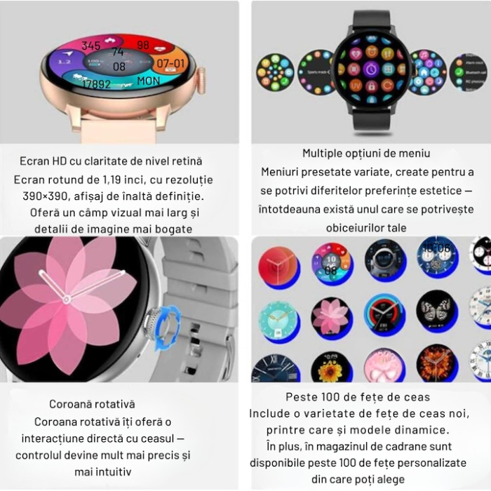 Ceas Smart VarioShop®, Incarcare Wireless, EKG, Apeluri si Notificari Bluetooth, Monitorizare Puls, Functii Multiple, Auriu Roz [7]