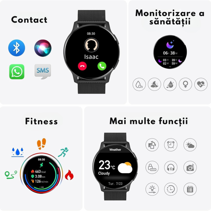 Ceas Smart VarioShop®, Incarcare Wireless, EKG, Apeluri si Notificari Bluetooth, Monitorizare Puls, Functii Multiple, Negru [10]