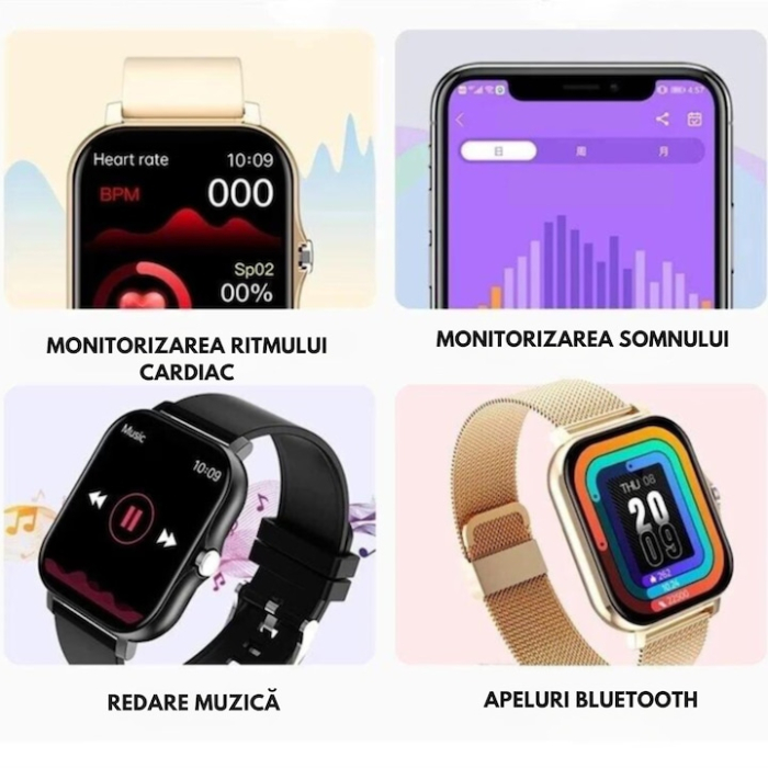 Ceas Smart VarioShop® monitorizare sanatate, apeluri, notificari, 7 moduri sportive, ecran tactil color, 2 curele, compatibil Android si iOS, gri [4]