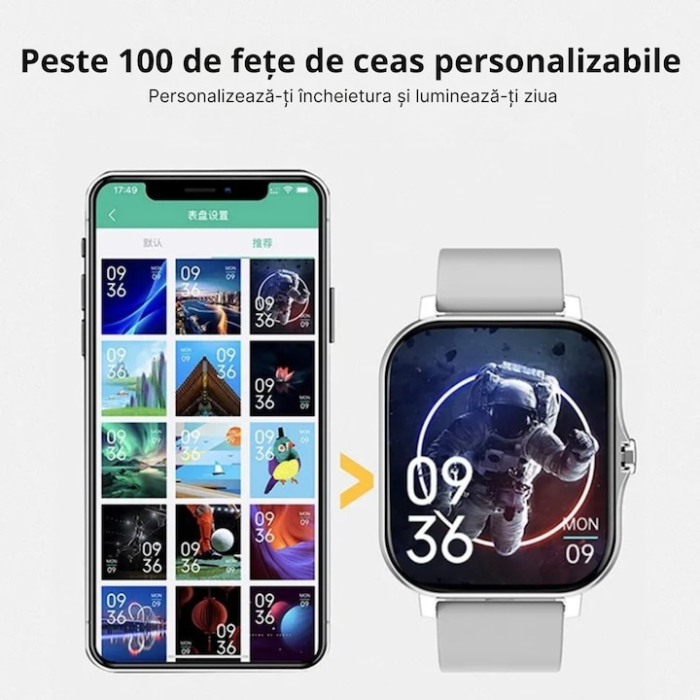 Ceas Smart VarioShop® monitorizare sanatate, apeluri, notificari, 7 moduri sportive, ecran tactil color, 2 curele, compatibil Android si iOS, gri [2]