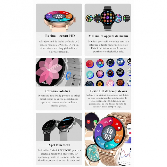 Ceas Smartwatch VarioShop®, Monitorizare Ritm Cardiac, Tensiune Arteriala, Multisport, Compatibil Android si iOS, Ecran IPS 1.19 inch, Bluetooth 5.0, Impermeabil, Baterie 200mAh, Elegant, Auriu [2]