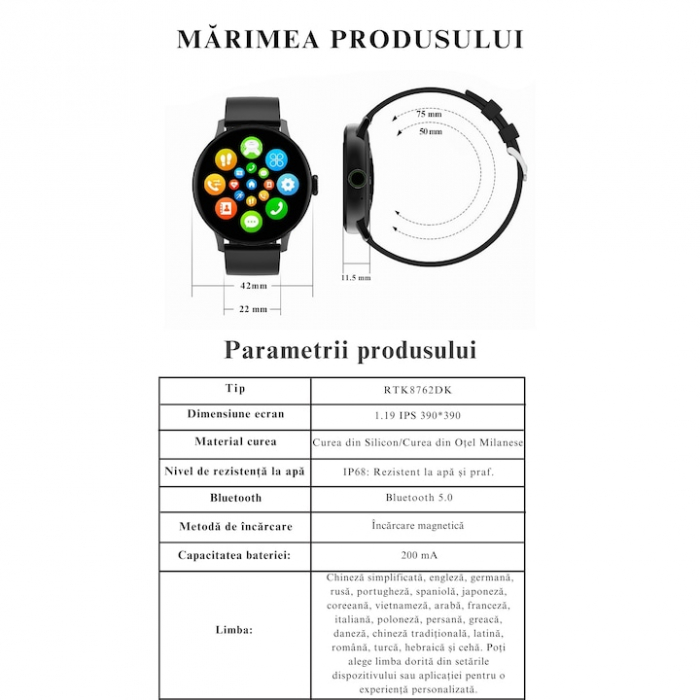 Ceas Smartwatch VarioShop®, Monitorizare Ritm Cardiac, Tensiune Arteriala, Multisport, Compatibil Android si iOS, Ecran IPS 1.19 inch, Bluetooth 5.0, Impermeabil, Baterie 200mAh, Elegant, Auriu [4]