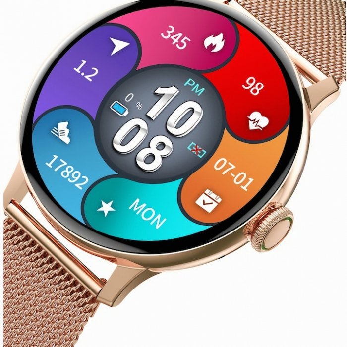 Ceas Smartwatch VarioShop®, Monitorizare Ritm Cardiac, Tensiune Arteriala, Multisport, Compatibil Android si iOS, Ecran IPS 1.19 inch, Bluetooth 5.0, Impermeabil, Baterie 200mAh, Elegant, Auriu [15]