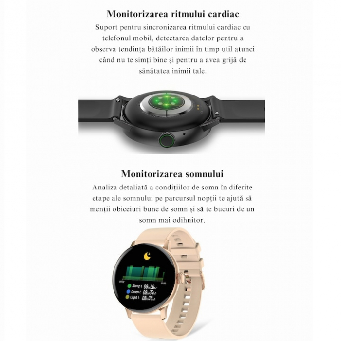Ceas Smartwatch VarioShop®, Monitorizare Ritm Cardiac, Tensiune Arteriala, Multisport, Compatibil Android si iOS, Ecran IPS 1.19 inch, Bluetooth 5.0, Impermeabil, Baterie 200mAh, Elegant, Auriu [3]