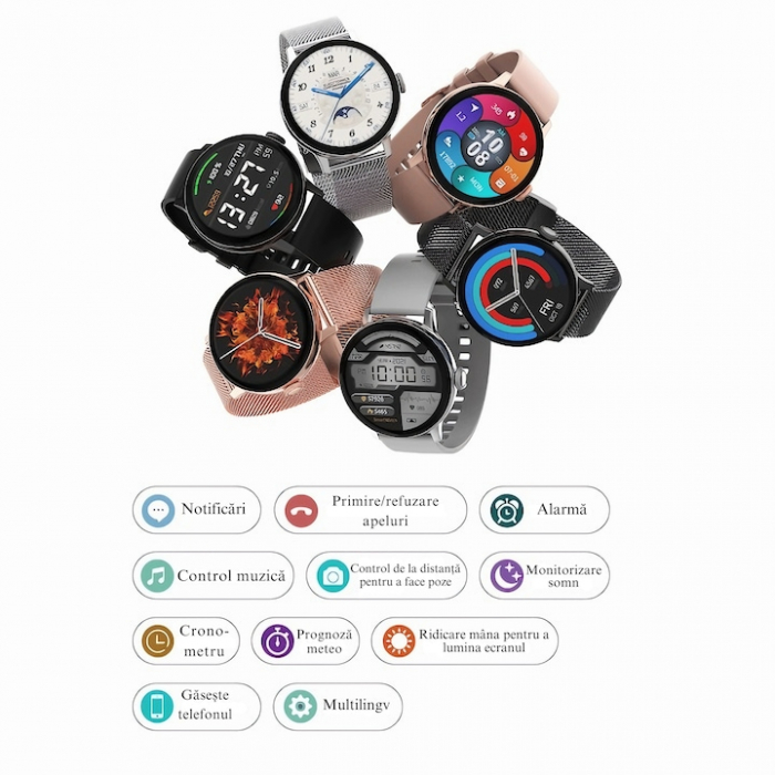 Ceas Smartwatch VarioShop®, Monitorizare Ritm Cardiac, Tensiune Arteriala, Multisport, Compatibil Android si iOS, Ecran IPS 1.19 inch, Bluetooth 5.0, Impermeabil, Baterie 200mAh, Elegant, Auriu [6]