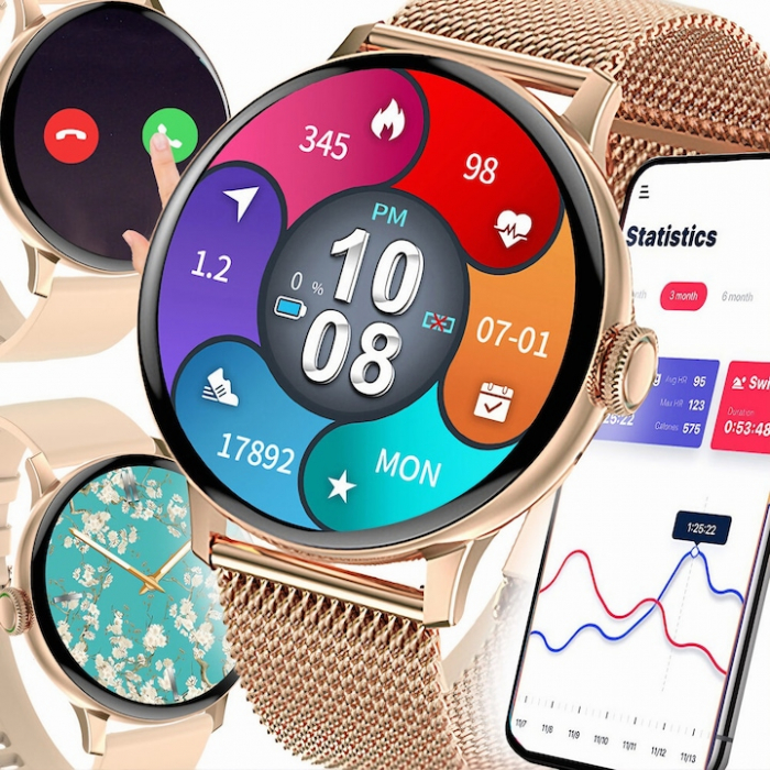 Ceas Smartwatch VarioShop®, Monitorizare Ritm Cardiac, Tensiune Arteriala, Multisport, Compatibil Android si iOS, Ecran IPS 1.19 inch, Bluetooth 5.0, Impermeabil, Baterie 200mAh, Elegant, Auriu [21]