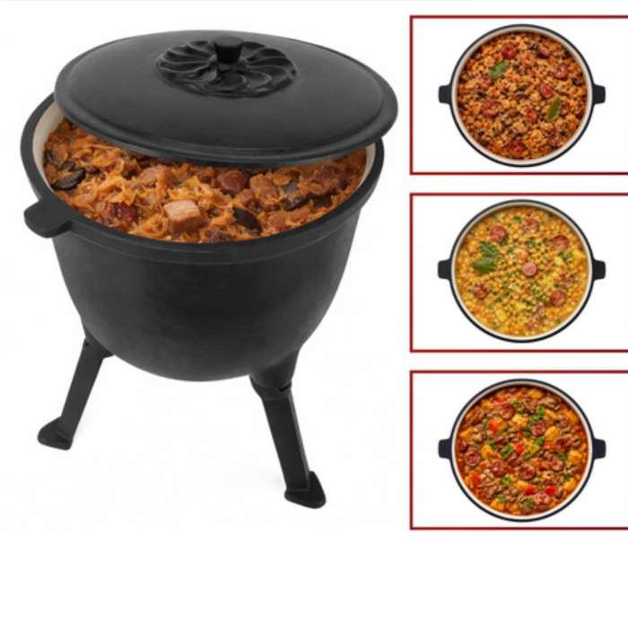 Ceaun din fonta Varioshop 8L emailat, cu capac si picioare detasabile, pentru foc de tabara si camping, gatit outdoor, 42.3 x 34 x 33 cm, negru [9]