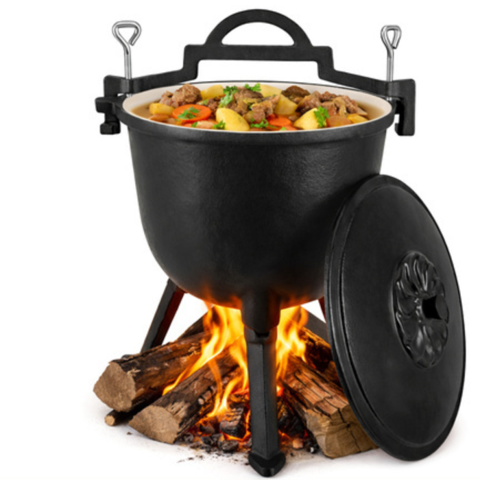 Ceaun din fonta Varioshop 8L emailat, cu capac si picioare detasabile, pentru foc de tabara si camping, gatit outdoor, 42.3 x 34 x 33 cm, negru [4]