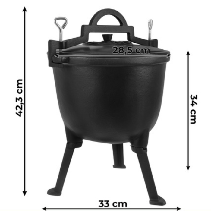 Ceaun din fonta Varioshop 8L emailat, cu capac si picioare detasabile, pentru foc de tabara si camping, gatit outdoor, 42.3 x 34 x 33 cm, negru [10]