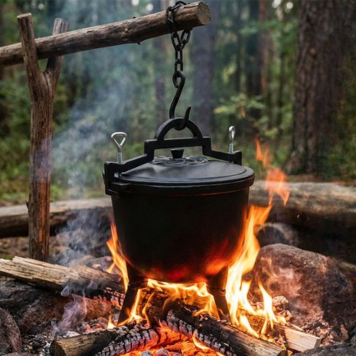 Ceaun din fonta Varioshop 8L emailat, cu capac si picioare detasabile, pentru foc de tabara si camping, gatit outdoor, 42.3 x 34 x 33 cm, negru [5]