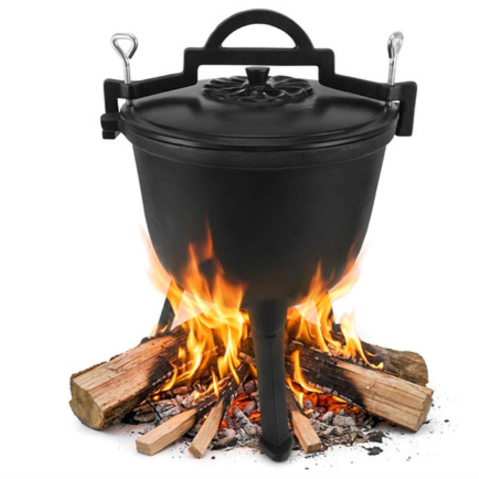 Ceaun din fonta Varioshop 8L emailat, cu capac si picioare detasabile, pentru foc de tabara si camping, gatit outdoor, 42.3 x 34 x 33 cm, negru [2]