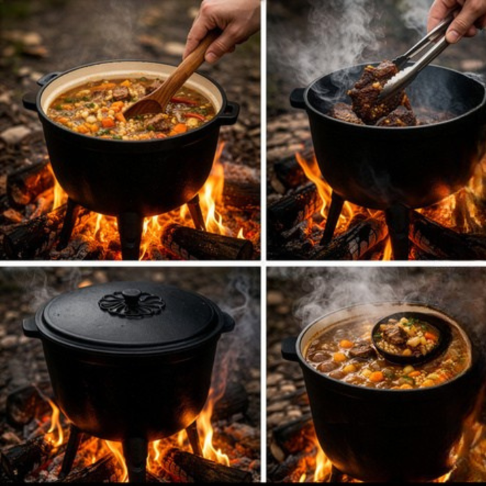 Ceaun din fonta Varioshop 8L emailat, cu capac si picioare detasabile, pentru foc de tabara si camping, gatit outdoor, 42.3 x 34 x 33 cm, negru [7]