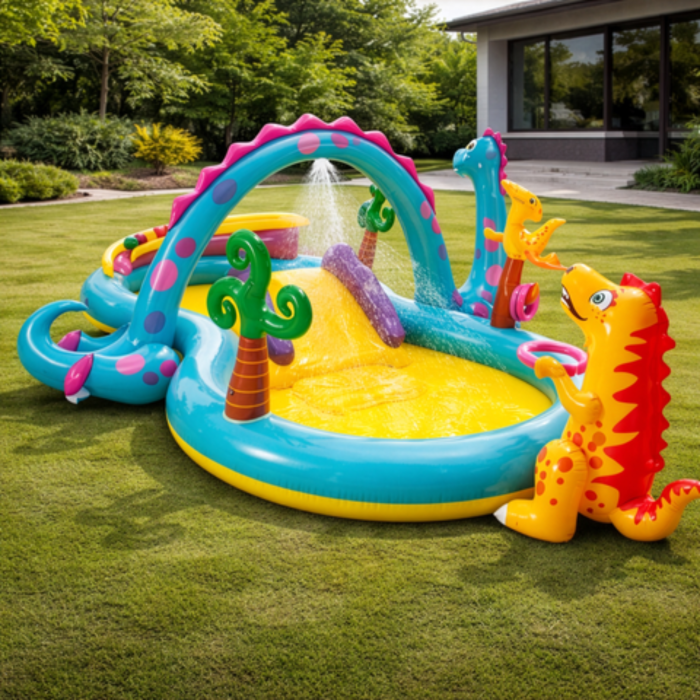 Piscina gonflabila copii VarioShop® Dinoland, cu tobogan, fantana de apa si 6 mingi, 280 L, 302x229x112 cm [9]