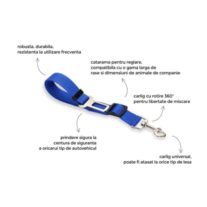 Centura de siguranta auto pentru caini si pisici VarioShop®, lesa, reglabila, design cu dublu sistem de siguranta, Albastru [2]