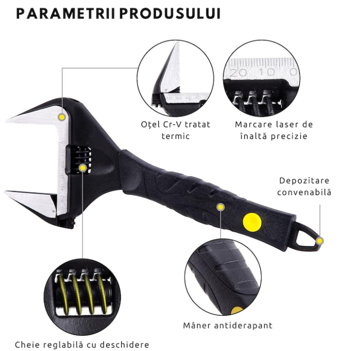 Cheie reglabila VarioShop®, 0–35 mm, din otel carbon rezistent, maner ergonomic TPR antiderapant, scala gravata cu laser, utilizare universala [2]