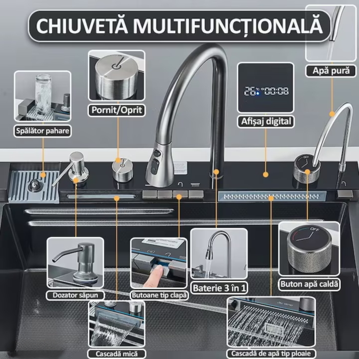 Chiuveta bucatarie multifunctionala Smart VarioShop® cu afisaj digital, baterie extensibila 3 jeturi, LED inteligent si accesorii integrate, 80 x 45 cm, adancime 22 cm [14]