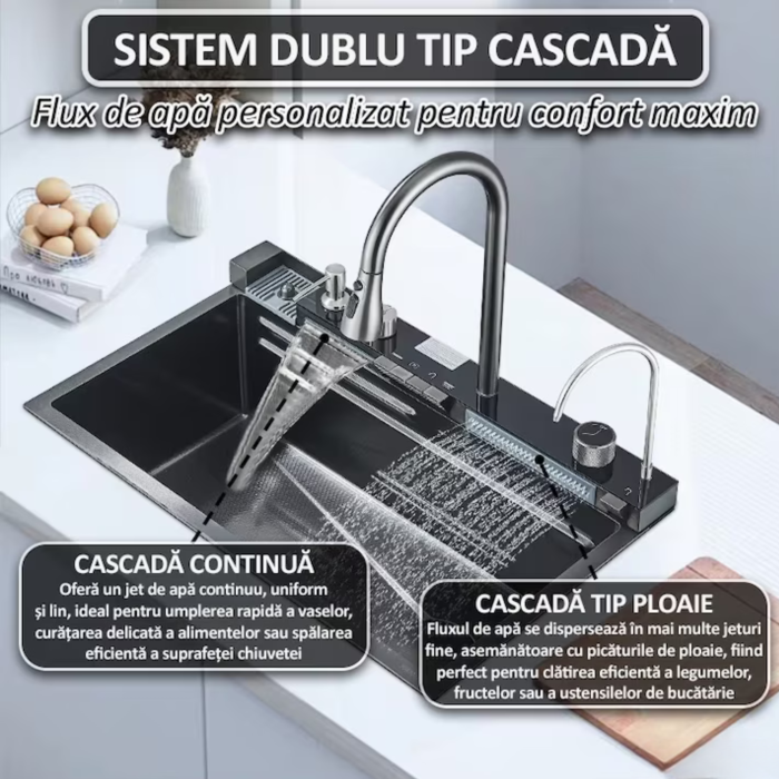 Chiuveta bucatarie multifunctionala Smart VarioShop® cu afisaj digital, baterie extensibila 3 jeturi, LED inteligent si accesorii integrate, 80 x 45 cm, adancime 22 cm [8]