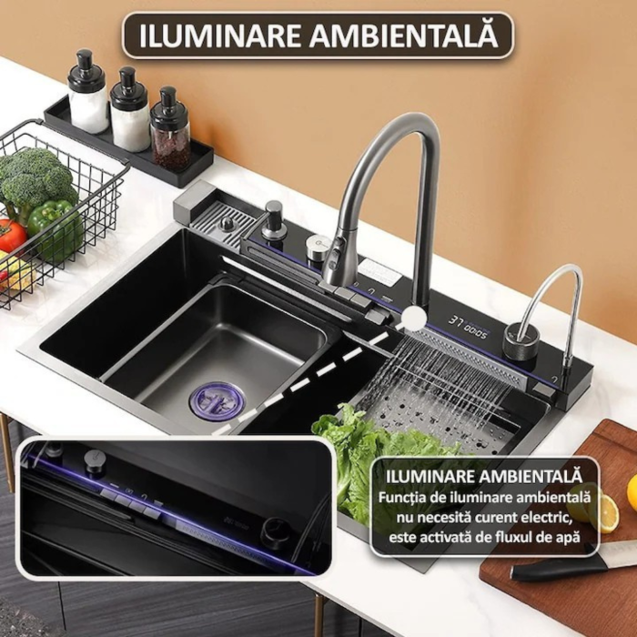 Chiuveta bucatarie multifunctionala Smart VarioShop® cu afisaj digital, baterie extensibila 3 jeturi, LED inteligent si accesorii integrate, 80 x 45 cm, adancime 22 cm [9]