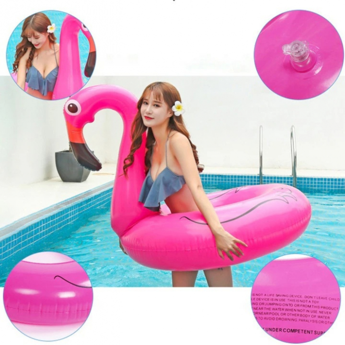 Colac gonflabil VarioShop®, in forma de flamingo pentru copii, 90 cm, design atragator, durabil si sigur pentru joaca si relaxare in apa, greutate maxima 70 kg, Roz [2]