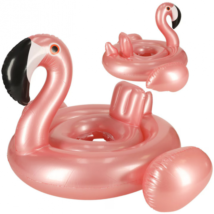 Colac inot pentru copii VarioShop®, model flamingo, diametru 60 cm, din PVC durabil, cu orificii pentru picioare, design atragator, ideala pentru joaca, relaxare, invatarea inotului, Roz [2]