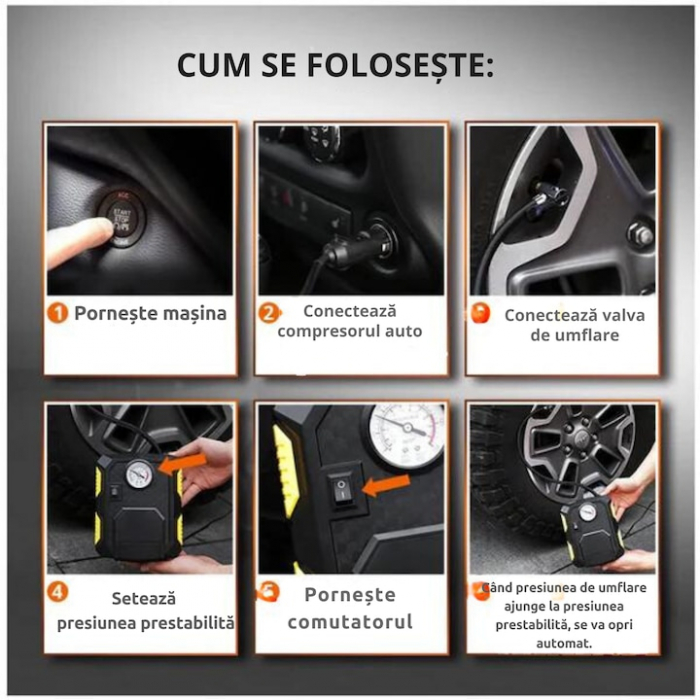 Compresor auto 12V VarioShop®, Ideal pentru umflarea tuturor tipurilor de anvelope auto, motociclete, biciclete, mingi, saltele, 150PSI/10BAR, 120W [4]