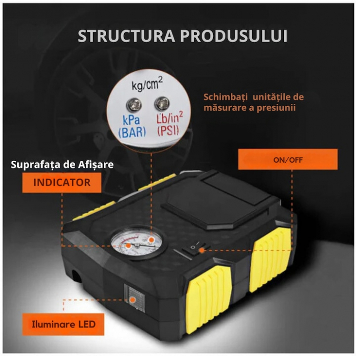 Compresor auto 12V VarioShop®, Ideal pentru umflarea tuturor tipurilor de anvelope auto, motociclete, biciclete, mingi, saltele, 150PSI/10BAR, 120W [6]