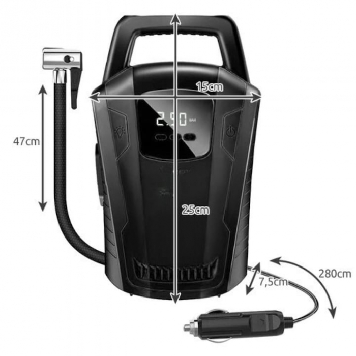 Compresor auto 12V VarioShop®, Ideal pentru umflarea tuturor tipurilor de anvelope auto, motociclete, biciclete, mingi, saltele, cu afisaj led, manometrul electronic si lumina, furtun de aer 47 cm lun [10]