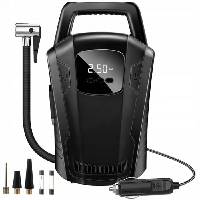 Compresor auto 12V VarioShop®, Ideal pentru umflarea tuturor tipurilor de anvelope auto, motociclete, biciclete, mingi, saltele, cu afisaj led, manometrul electronic si lumina, furtun de aer 47 cm lun [8]