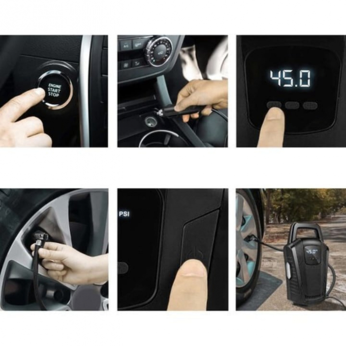 Compresor auto 12V VarioShop®, Ideal pentru umflarea tuturor tipurilor de anvelope auto, motociclete, biciclete, mingi, saltele, cu afisaj led, manometrul electronic si lumina, furtun de aer 47 cm lun [2]