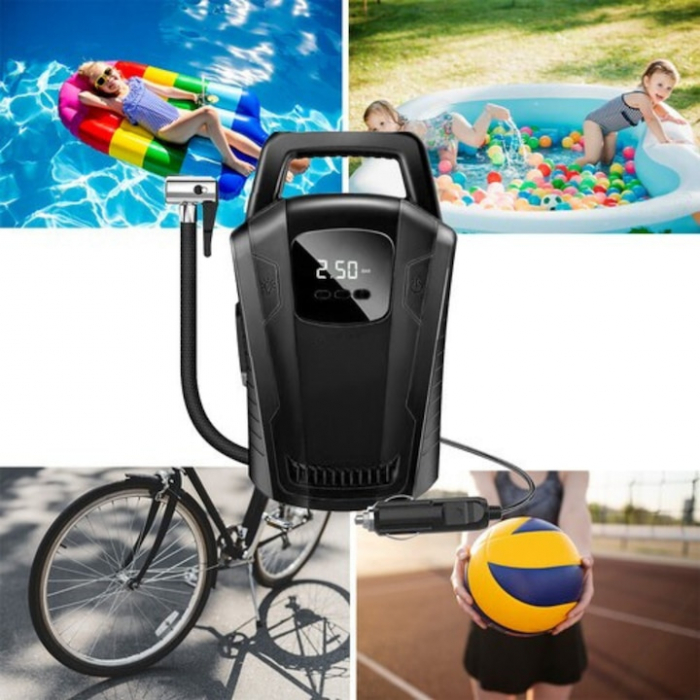 Compresor auto 12V VarioShop®, Ideal pentru umflarea tuturor tipurilor de anvelope auto, motociclete, biciclete, mingi, saltele, cu afisaj led, manometrul electronic si lumina, furtun de aer 47 cm lun [3]