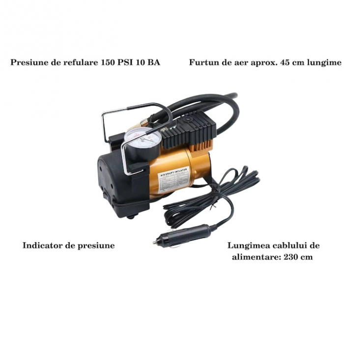 Compresor auto portabil VarioShop®, 12V, 150 PSI, 10 BAR, cu manometru si accesorii pentru umflat roti, mingi si saltele gonflabile, 16 x 15 cm [4]