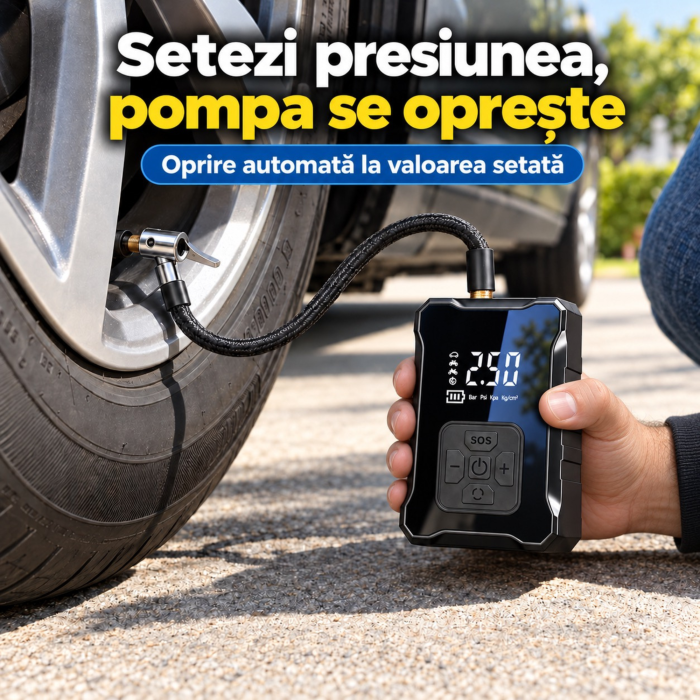 Compresor auto portabil VarioShop®, pentru umflarea anvelopelor si mingilor, presiune reglabila pana la 150 PSI, oprire automata, acumulator 3600 mAh, afisaj digital, 12 x 8,5 x 5 cm [5]