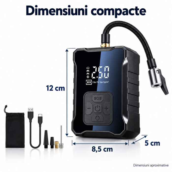 Compresor auto portabil VarioShop®, pentru umflarea anvelopelor si mingilor, presiune reglabila pana la 150 PSI, oprire automata, acumulator 3600 mAh, afisaj digital, 12 x 8,5 x 5 cm [4]