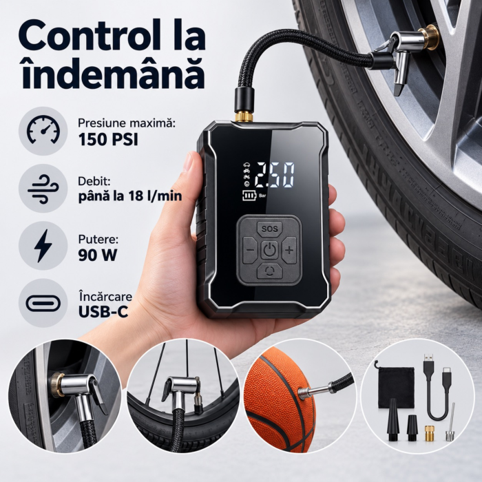 Compresor auto portabil VarioShop®, pentru umflarea anvelopelor si mingilor, presiune reglabila pana la 150 PSI, oprire automata, acumulator 3600 mAh, afisaj digital, 12 x 8,5 x 5 cm [6]