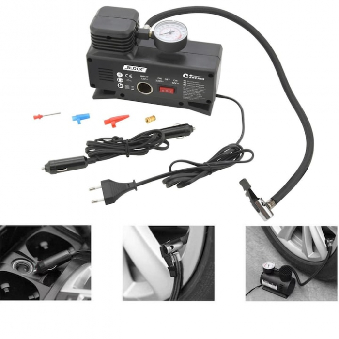 Compresor auto VarioShop®, 12v/220V, 17 bar, cu indicator de presiune, Ideal pentru pomparea rotilor auto, mingilor, saltelelor, Constructie fiabila, durabila si usor de utilizat, Negru [3]