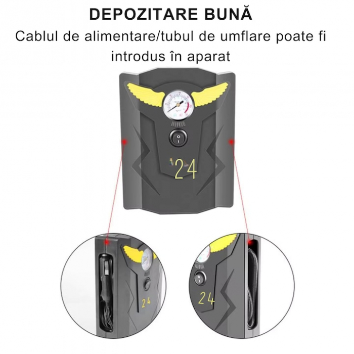 Compresor auto VarioShop®, Ideal pentru umflarea tuturor tipurilor de anvelope auto, motociclete, biciclete, mingi, saltele, 150PSI/10BAR, 120W, 19 x 15 x 5 cm, Negru [2]