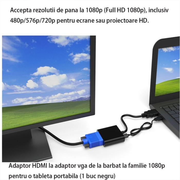 Convertor HDMI la VGA VarioShop®, unidirectional, suport HDPC, cablu adaptor audio si video, adaptor digital in analog pentru laptop, PC, proiector, receiver TV, PS3, 20 cm, Negru [4]