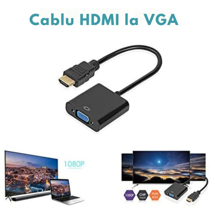 Convertor HDMI la VGA VarioShop®, unidirectional, suport HDPC, cablu adaptor audio si video, adaptor digital in analog pentru laptop, PC, proiector, receiver TV, PS3, 20 cm, Negru [2]