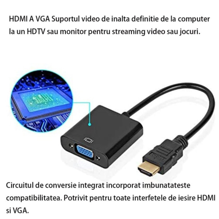 Convertor HDMI la VGA VarioShop®, unidirectional, suport HDPC, cablu adaptor audio si video, adaptor digital in analog pentru laptop, PC, proiector, receiver TV, PS3, 20 cm, Negru [9]