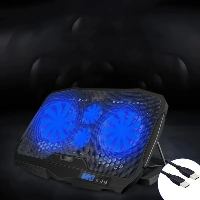 Cooler pentru laptop VarioShop®, compatibilitate 12 - 17 inch, iluminare LED, 4 nivele de inaltime, 4 ventilatoare, 15 dBA, 39 x 28 cm, Negru/Albastru [7]