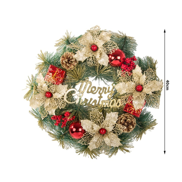 Coronita de Craciun VarioShop®, 40 cm, decoratiune pentru usa, perete sau fereastra, conuri de pin naturale, globuri colorate, flori artificiale [7]