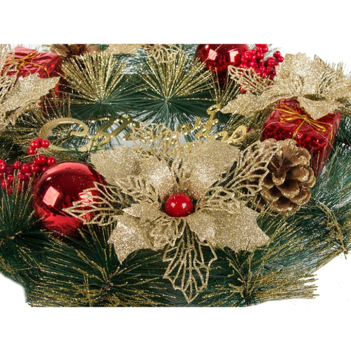 Coronita de Craciun VarioShop®, 40 cm, decoratiune pentru usa, perete sau fereastra, conuri de pin naturale, globuri colorate, flori artificiale [8]