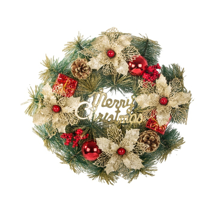 Coronita de Craciun VarioShop®, 40 cm, decoratiune pentru usa, perete sau fereastra, conuri de pin naturale, globuri colorate, flori artificiale [2]