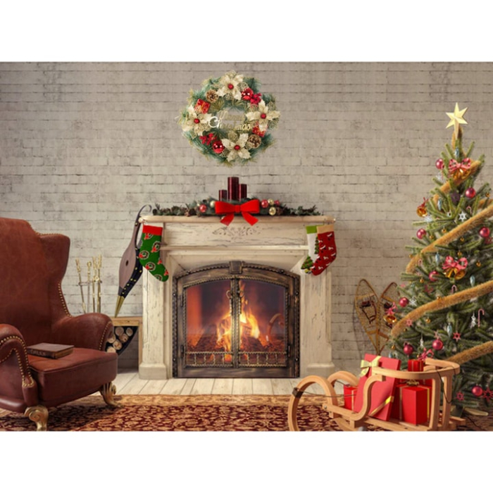 Coronita de Craciun VarioShop®, 40 cm, decoratiune pentru usa, perete sau fereastra, conuri de pin naturale, globuri colorate, flori artificiale [6]