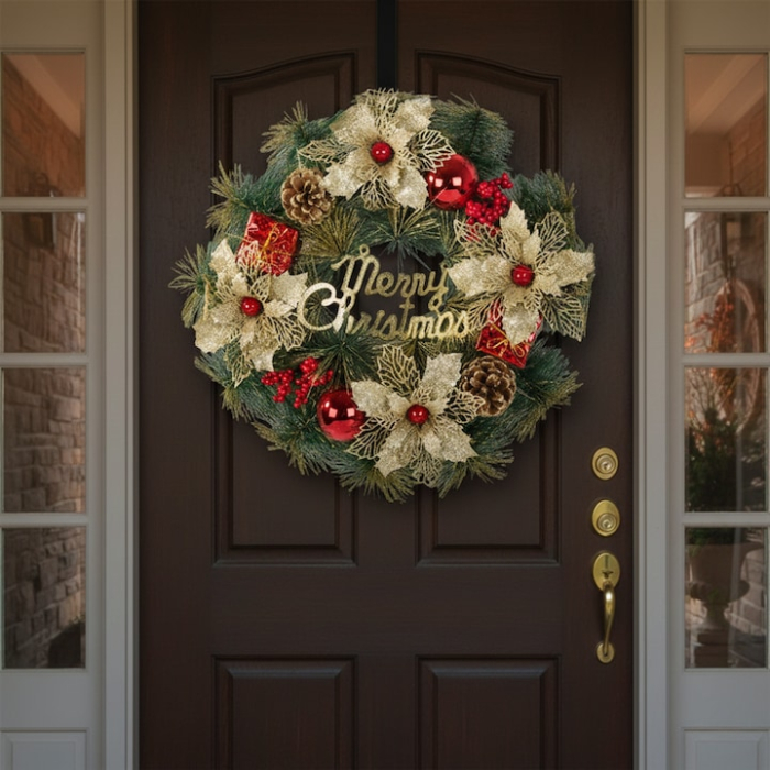 Coronita de Craciun VarioShop®, 40 cm, decoratiune pentru usa, perete sau fereastra, conuri de pin naturale, globuri colorate, flori artificiale [1]