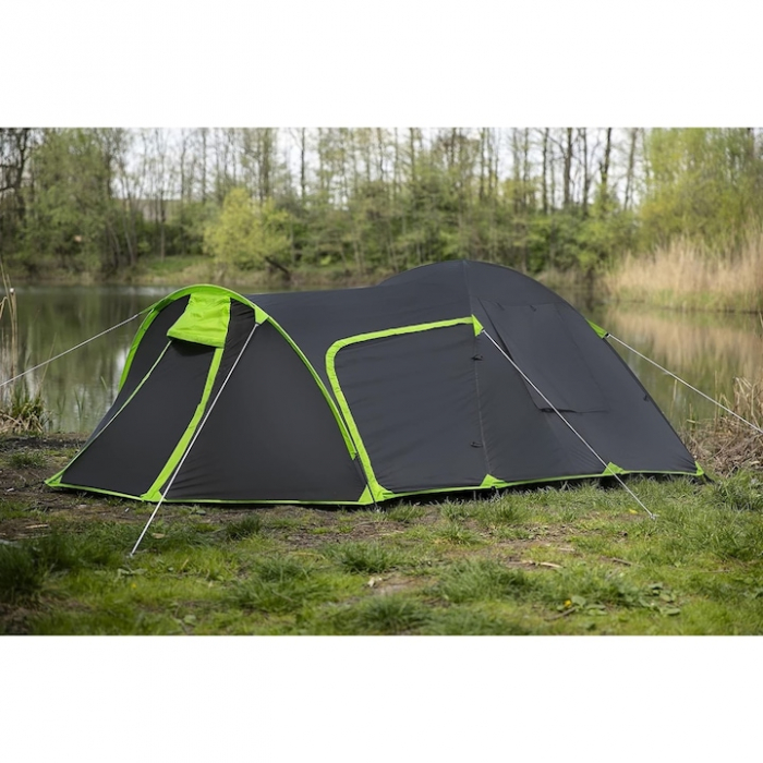 Cort camping VarioShop®, 3 persoane, fereastra ventilatie, plasa tantari, buzunare interioare, 380 x 120 x 220 cm, Negru/Verde [2]