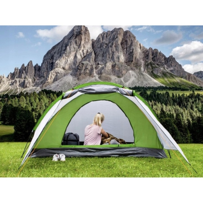 Cort camping, VarioShop®, 4 persoane, tip igloo, impermeabil, usor de montat, husa de transport, plasa de tantari si ventilatie superioara, 320 x 200 x 140 cm, Verde/Gri [2]